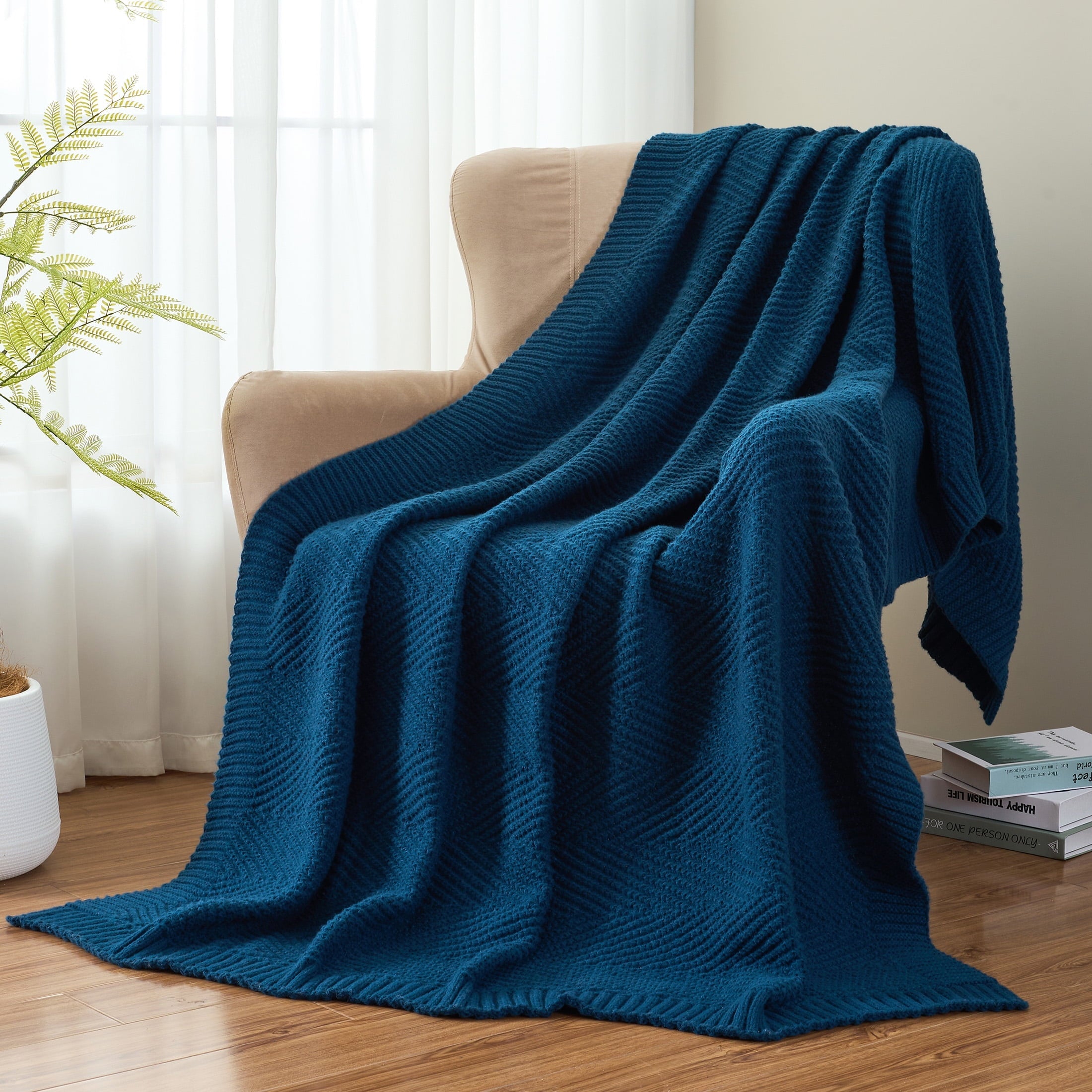 Decorative Knitted Soft Knitted Throw Blanket 50" x 60" Navy Blue, Boho Chevron Farmhouse Throw for Bed Couch - Luxury Knitted Decorative Throw Blanket with Fringes Detail