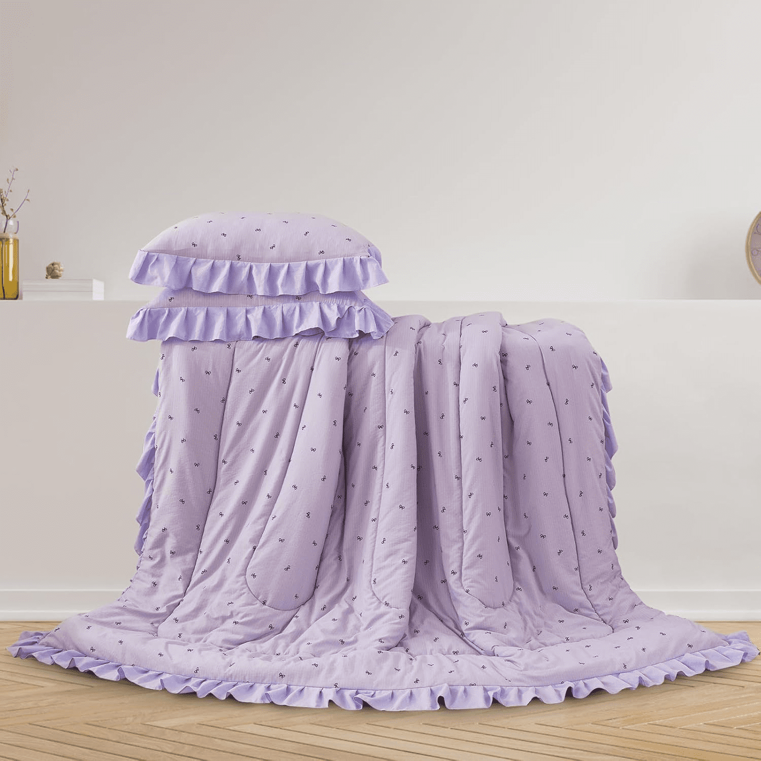 Heavyweight Warmth 6 Piece Delicate Bows Purple Bedding Set Ruffle Princess Style Comforter Set Bed in a Bag - Cloud-Like Soft Lightweight Bed Comforter Detail