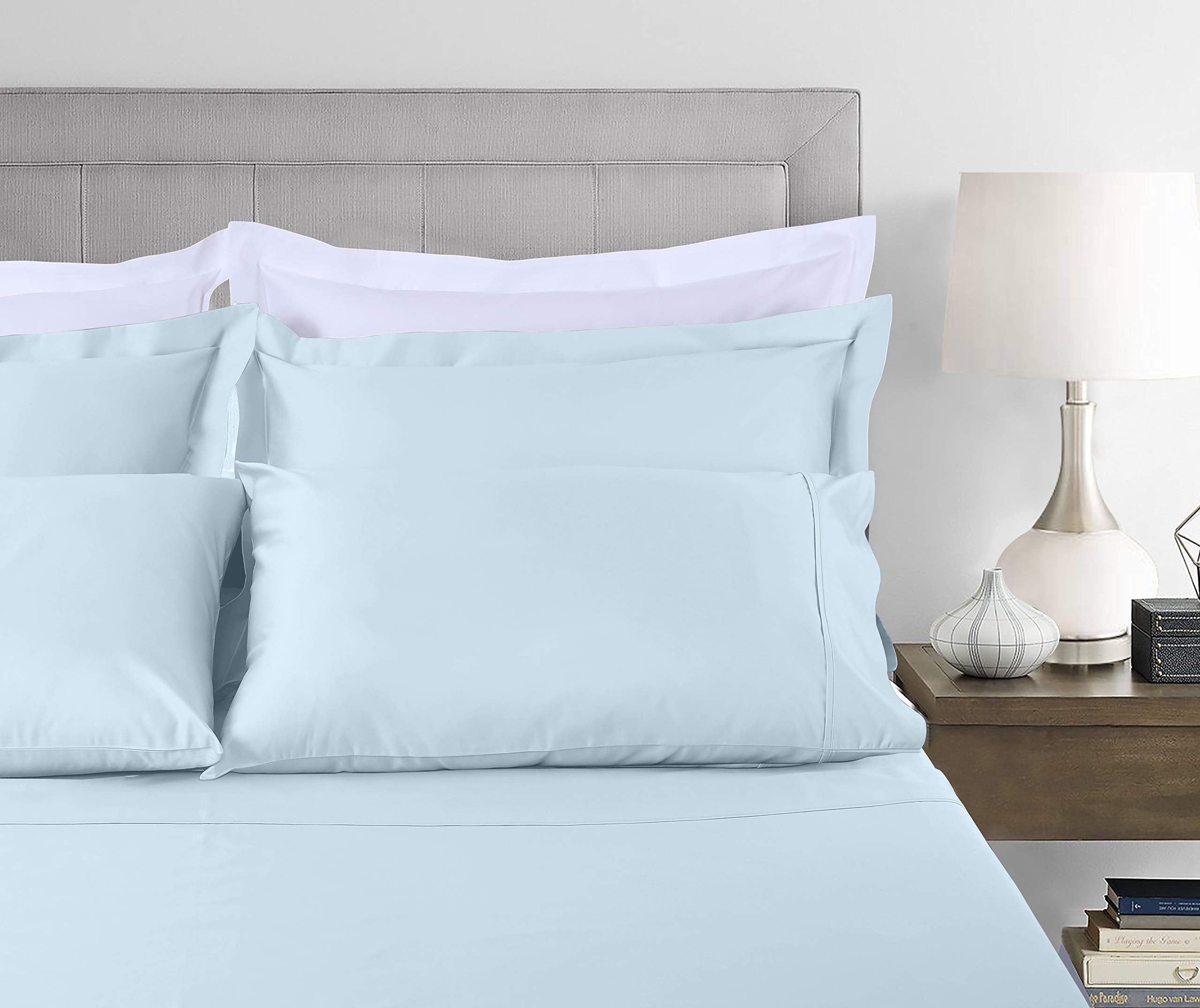 Breathable Luxury 100% Cotton King Bed Sheets Set - 4-Piece, 300 Thread Count, Lightweight Sateen, Light Blue - Breathable Egyptian Cotton Flat & Fitted Sheets Detail