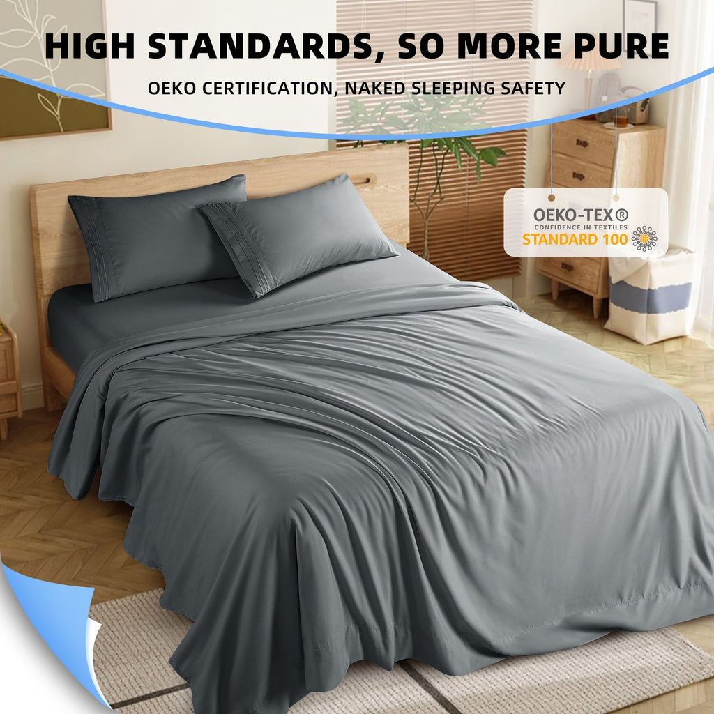 Premium Egyptian Cotton Shilucheng 4 Pieces Luxury Bed Sheets Set, Plush Microfiber Bed Sheets, 16" Deep Pocket, Queen, Dark Gray - Cooling Hotel Quality Bedding Sheets and Pillowcases Detail
