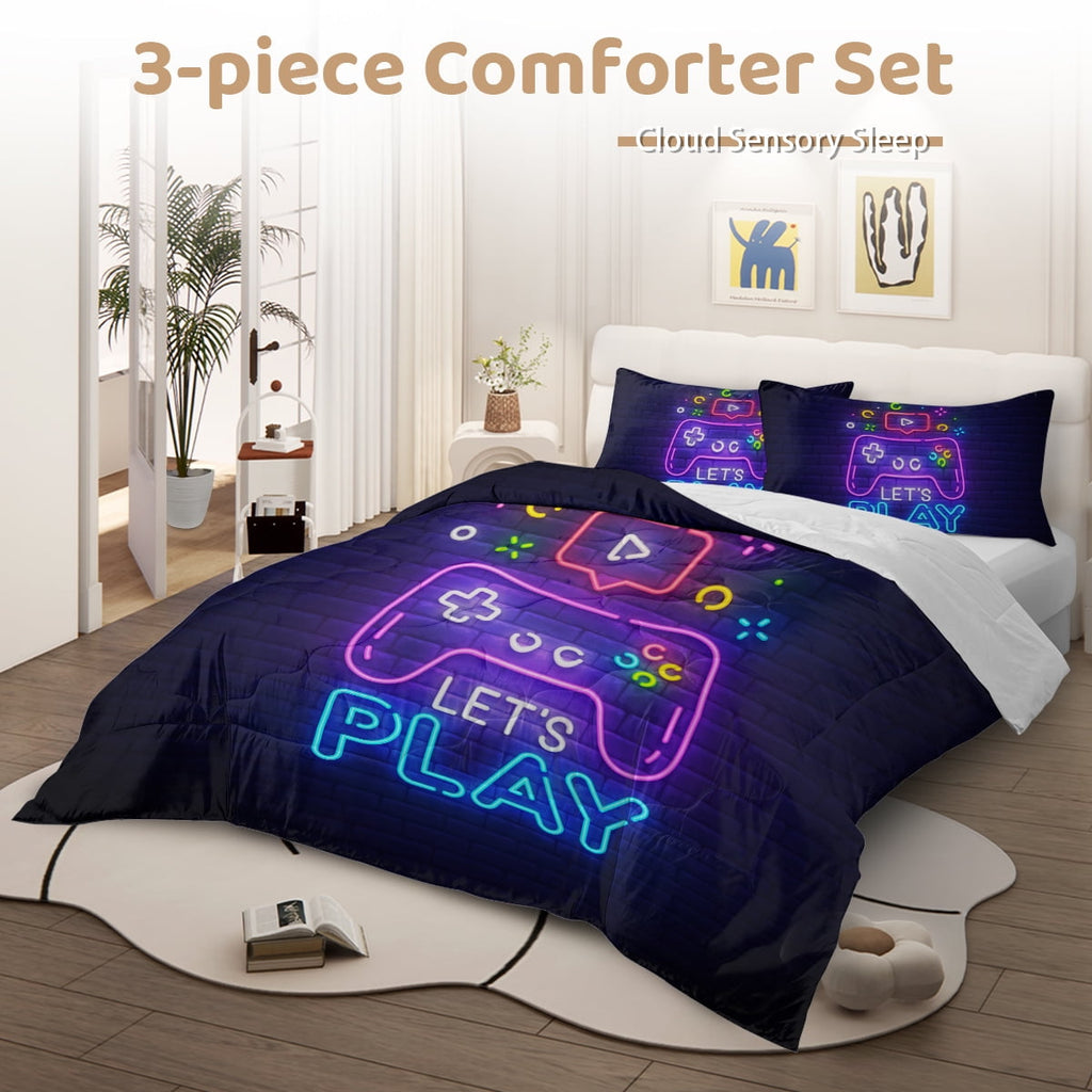 Fluffy Down Alternative Gaming Comforter Set for Boys, 3-Piece Abstract Neon Kids Bedding Sets Twin Size - Hypoallergenic Ultra-Fluffy Quilt for Winter Detail