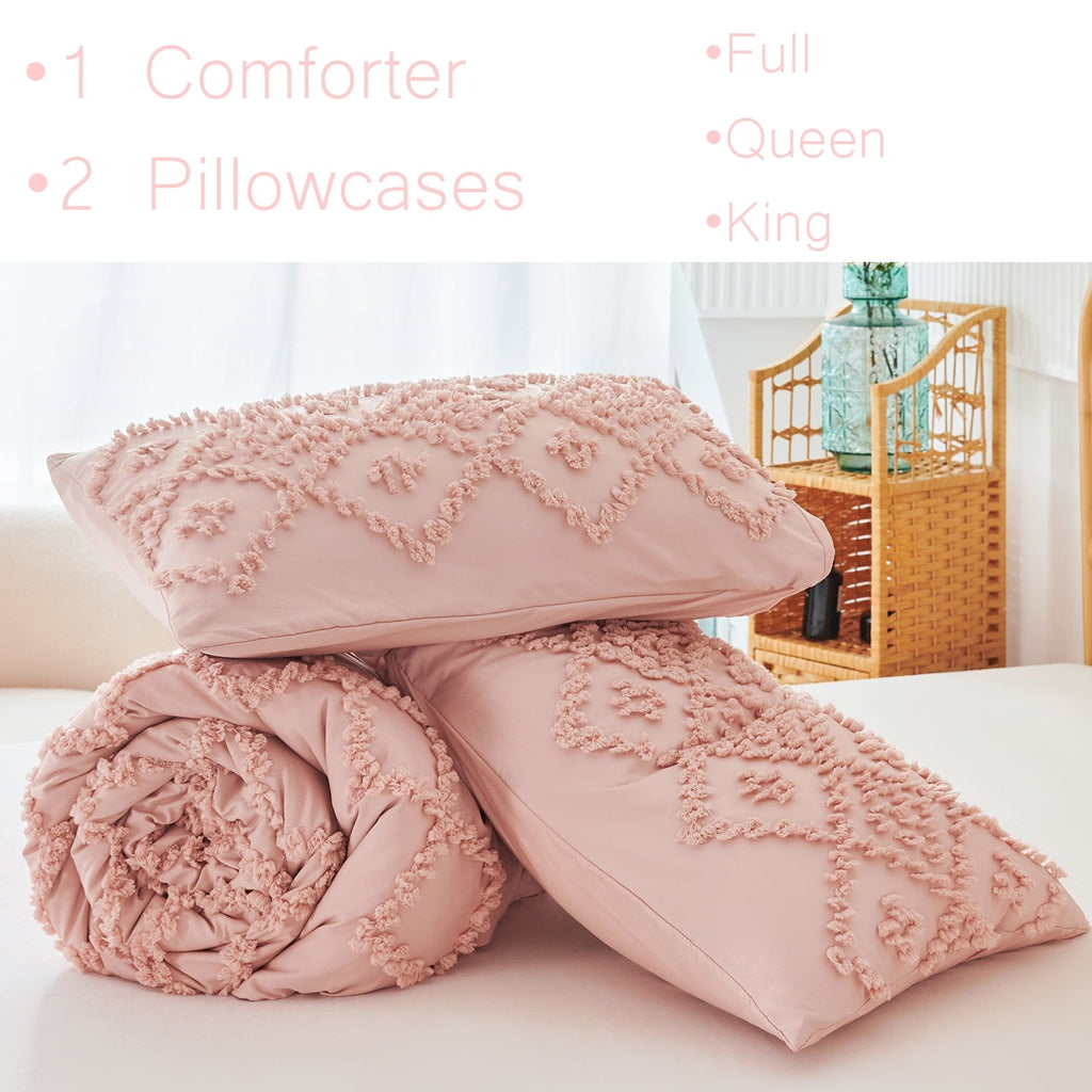 Heavyweight Warmth Pink Diamond Jacquard Comforter Set Queen 3 Pcs Bohemian Tufts Quilt Set for Kids Girls Adult 100% Soft Microfiber Be... - Cloud-Like Soft Lightweight Bed Comforter Detail