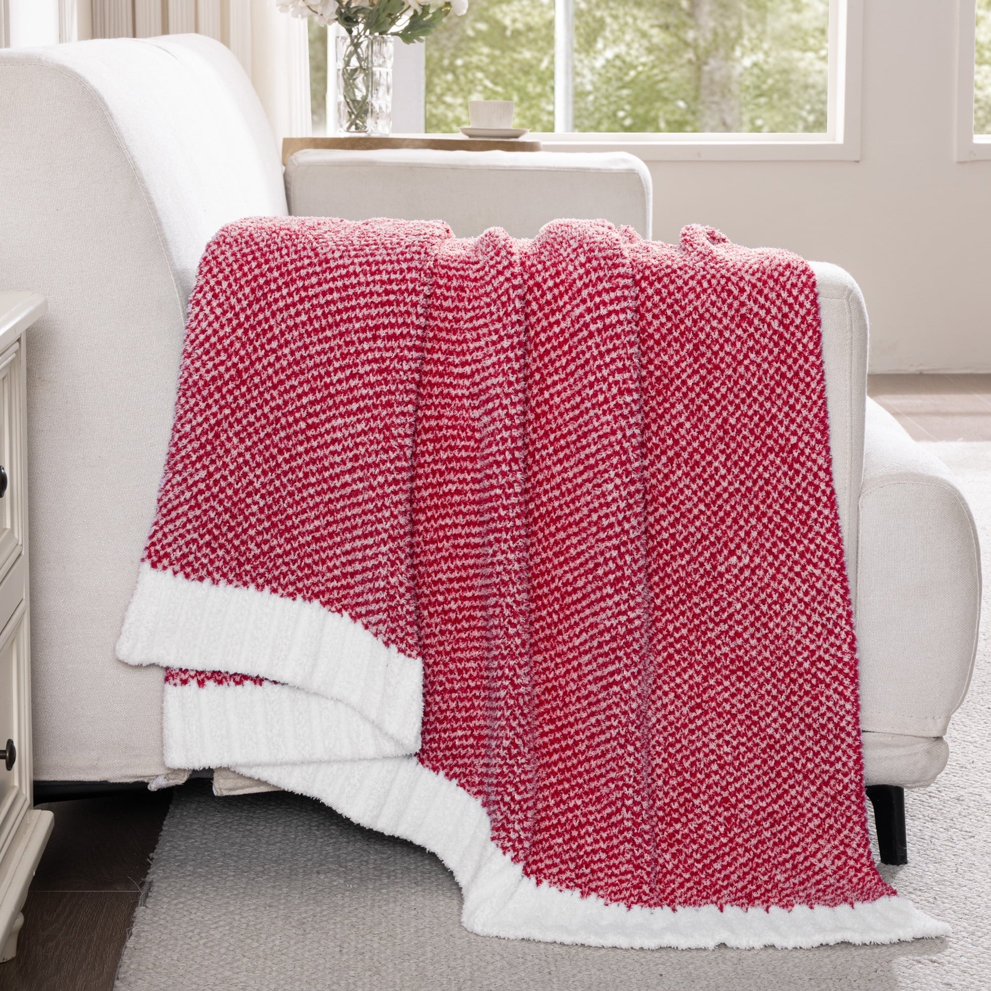 Lightweight Warm Knit Throw Blanket, Ultra Soft Cozy Fluffy Blankets, Lightweight Fuzzy Plush Throw for Couch and Bed, Mixed Red, 50"x60" - Luxury Knitted Decorative Throw Blanket with Fringes Detail