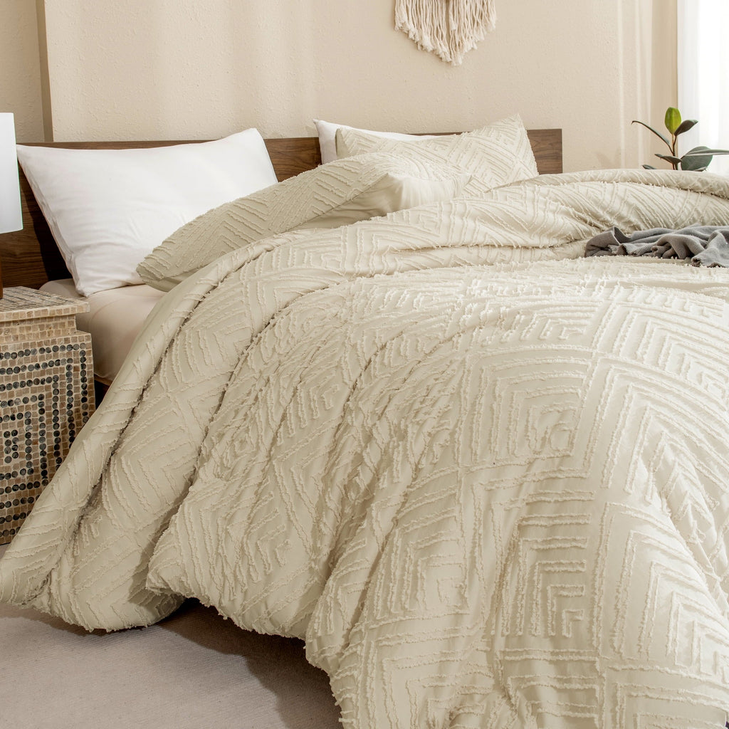 Heavyweight Warmth King Size Comforter Sets Beige - 3 Pieces Cream Boho Bedding Comforter Set for King Bed - Soft Fluffy Tufted Textured... - Luxurious Quilted Duvet Cover Set Detail
