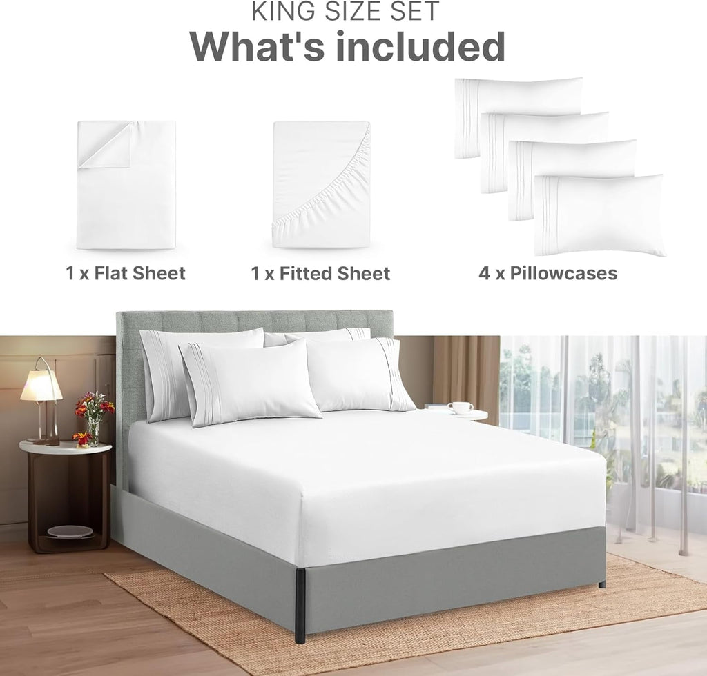 Breathable Luxury 6-Piece Extra Deep Pocket Sheet Set With Extra Matching Pillowcases - King Size Bed Sheets Fits 18"-24" Ma... - Cooling Hotel Quality Bedding Sheets and Pillowcases Detail