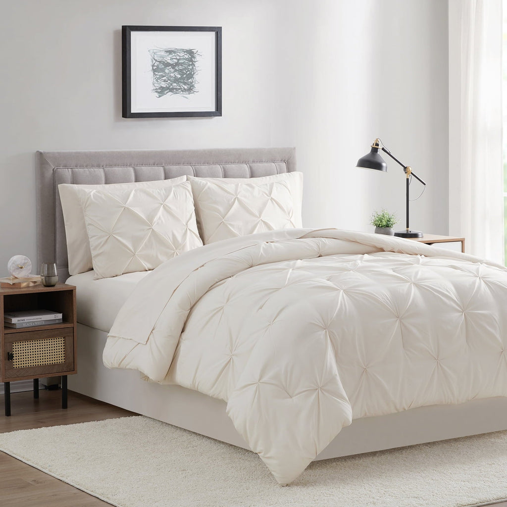 All-Season Comforter Set, 3-Piece, Queen, Pleated Wrinkle-Resistant Microfiber Bedding, Ivory, All-Season - Luxurious Quilted Duvet Cover Set Detail