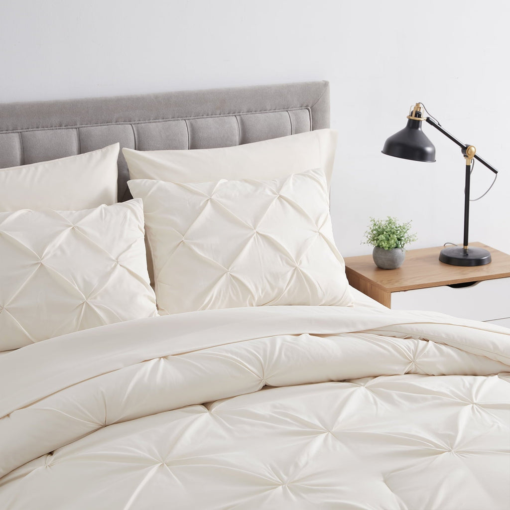 All-Season Comforter Set, 3-Piece, Queen, Pleated Wrinkle-Resistant Microfiber Bedding, Ivory, All-Season - Luxurious Quilted Duvet Cover Set Detail