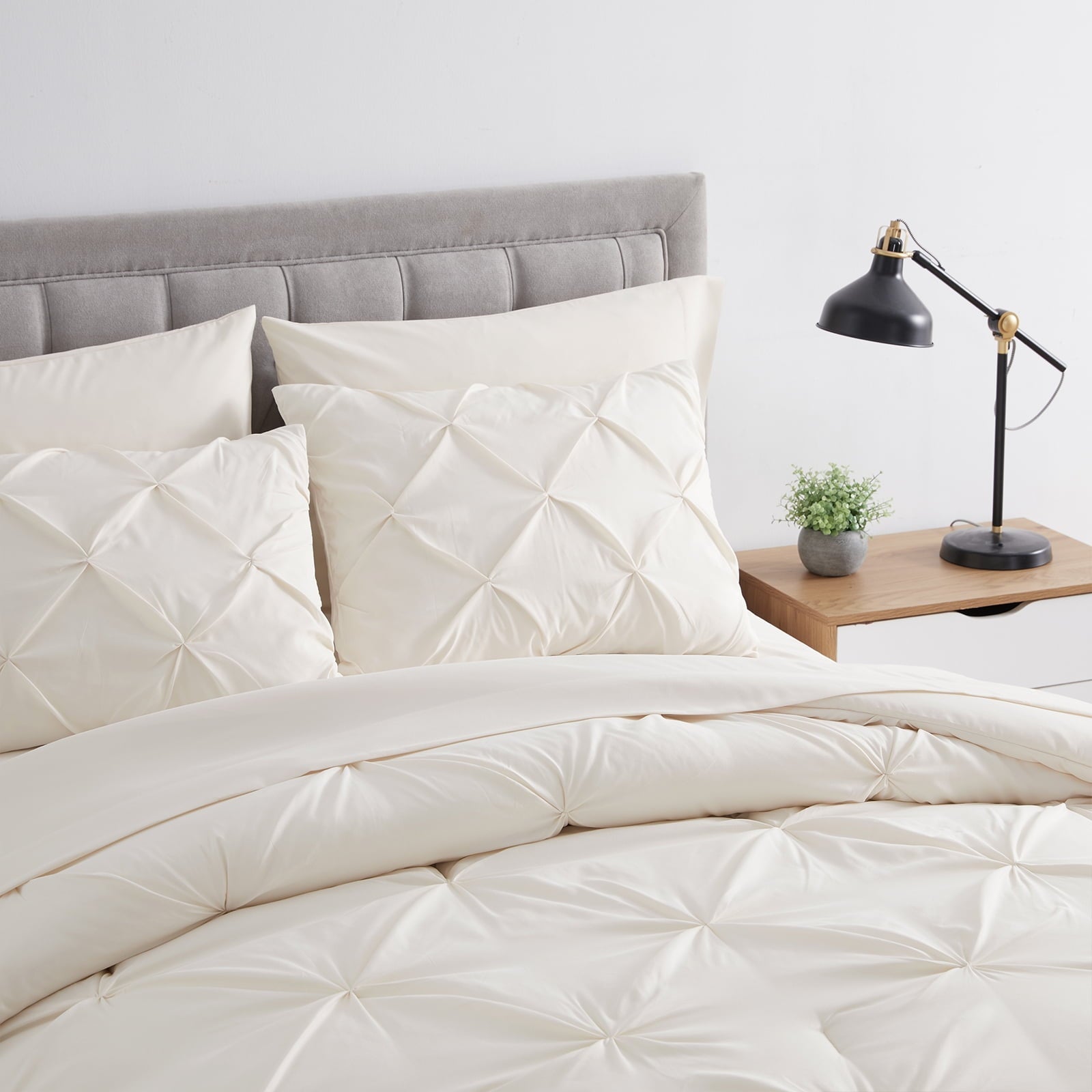 All-Season Comforter Set, 3-Piece, Queen, Pleated Wrinkle-Resistant Microfiber Bedding, Ivory, All-Season - Luxurious Quilted Duvet Cover Set Detail