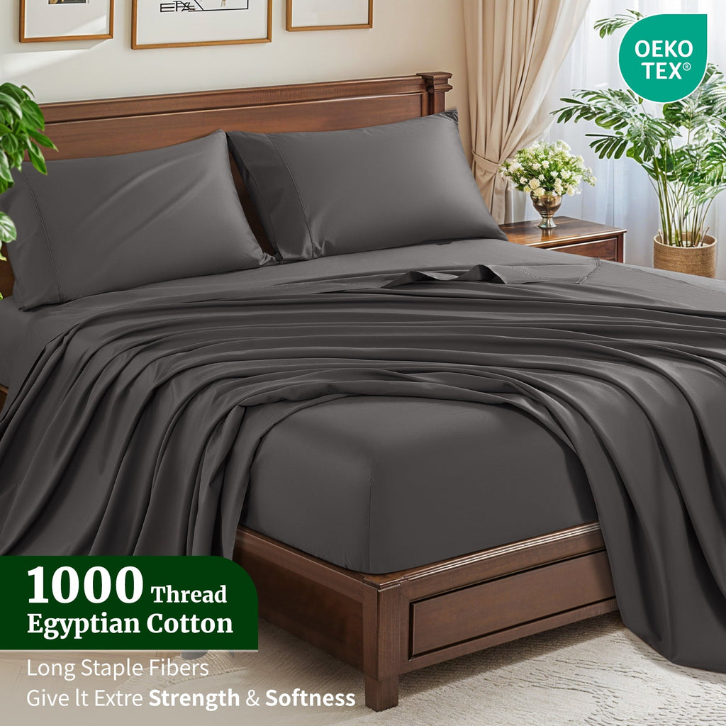 Breathable Luxury 100% Cotton Bed Sheets Set, 1000 Thread Count 4 Piece Luxury Soft Sheets Set with 16" Deep Pocket, Queen, Dark Gray - Luxury Bed Sheet Set with Deep Pockets Detail