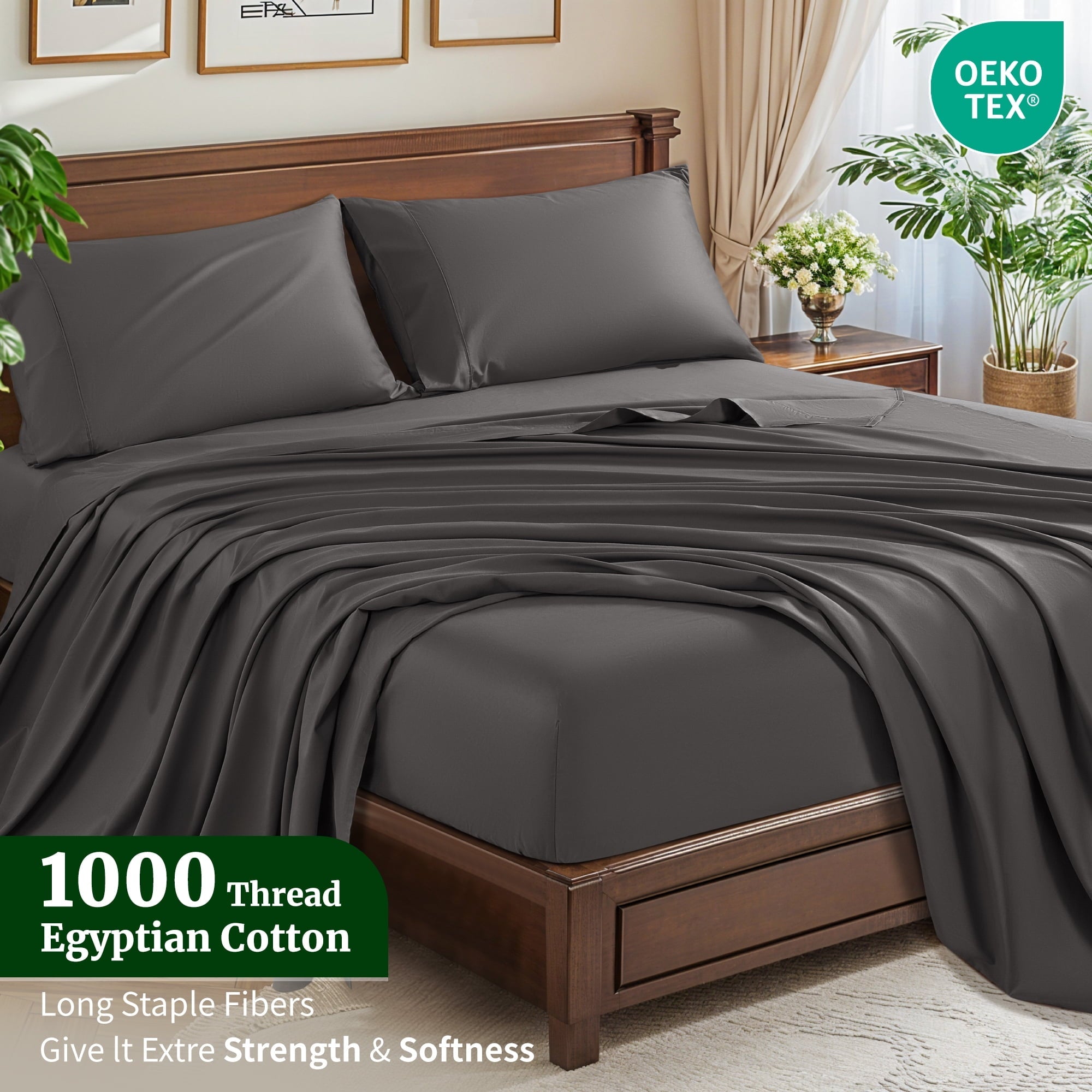 Breathable Luxury 100% Cotton Bed Sheets Set, 1000 Thread Count 4 Piece Luxury Soft Sheets Set with 16" Deep Pocket, Queen, Dark Gray - Luxury Bed Sheet Set with Deep Pockets Detail