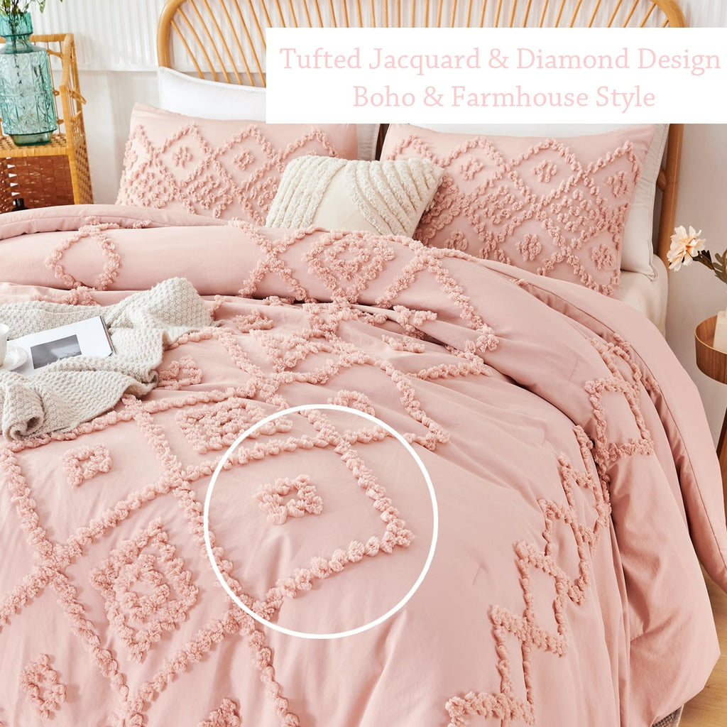 Heavyweight Warmth Pink Diamond Jacquard Comforter Set Queen 3 Pcs Bohemian Tufts Quilt Set for Kids Girls Adult 100% Soft Microfiber Be... - Cloud-Like Soft Lightweight Bed Comforter Detail