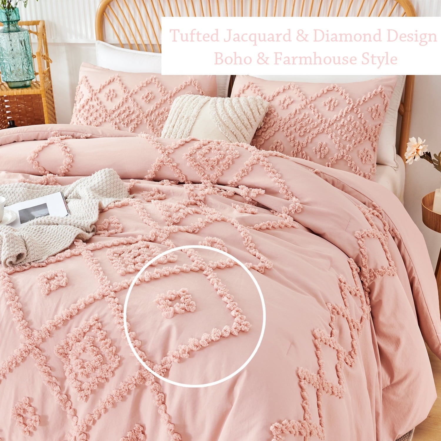 Heavyweight Warmth Pink Diamond Jacquard Comforter Set Queen 3 Pcs Bohemian Tufts Quilt Set for Kids Girls Adult 100% Soft Microfiber Be... - Cloud-Like Soft Lightweight Bed Comforter Detail