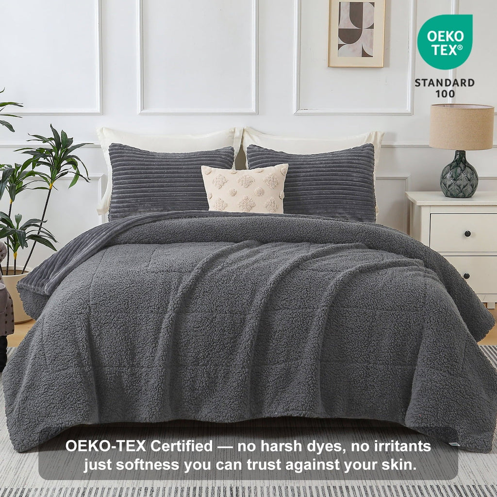 Hypoallergenic Cloud 3 Piece Fleece Queen Comforter Set - Soft & Warm Fluffy Dark Gray Sherpa Bedding , Fuzzy Heavy Double Sided Design Wi... - All-Season Down Alternative Comforter Insert Detail
