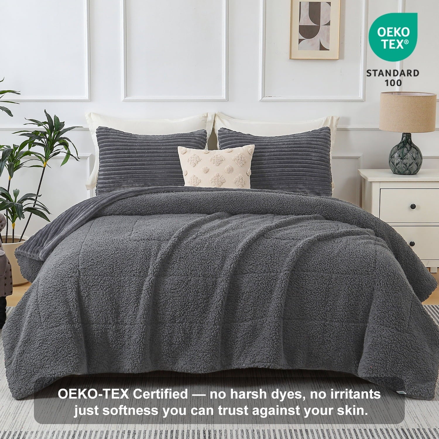Hypoallergenic Cloud 3 Piece Fleece Queen Comforter Set - Soft & Warm Fluffy Dark Gray Sherpa Bedding , Fuzzy Heavy Double Sided Design Wi... - All-Season Down Alternative Comforter Insert Detail