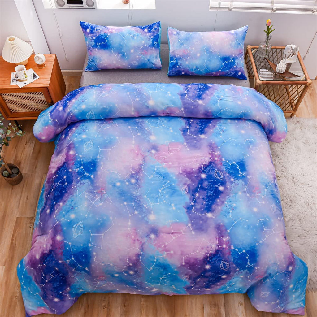 Luxurious Quilted Tie Dye Constellation Ombre Comforter Set Twin Gradient Galaxy Bedding Set Blue Purple - Cloud-Like Soft Lightweight Bed Comforter Detail