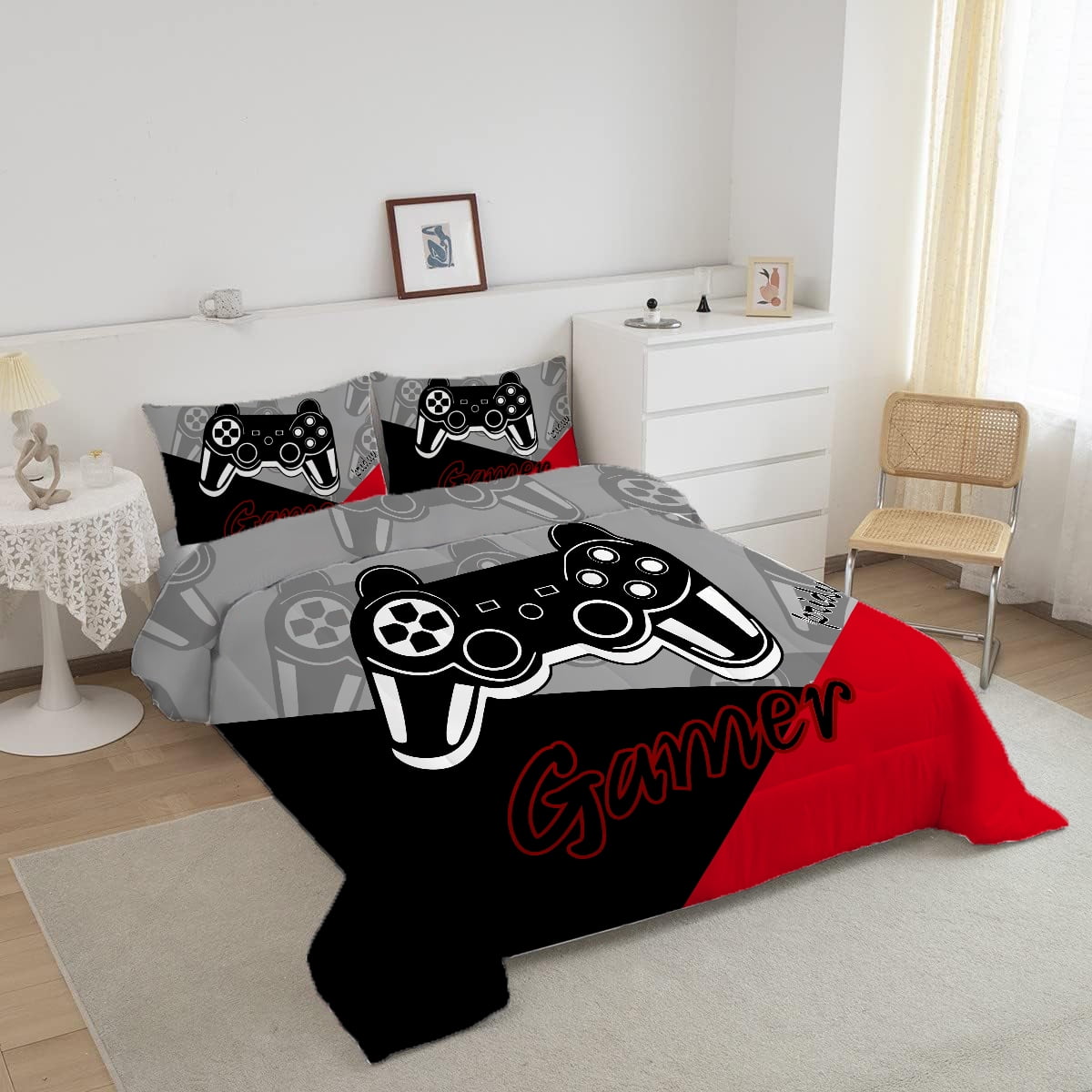 Luxurious Quilted Gaming Comforter for Kids Boys Teens Video Game Bedding Set Gamer Comforter Gamepad Comforter Set Full Size Red Black... - All-Season Down Alternative Comforter Insert Detail