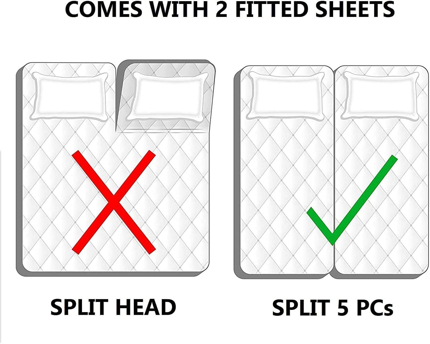 Cooling Sateen Split King Bed Sheet Set 5Pcs Adjustable Bed Sheets - 18" Deep Pocket of Fitted Sheet 800 Thread Count 100% Pure Egyp... - Breathable Egyptian Cotton Flat & Fitted Sheets Detail