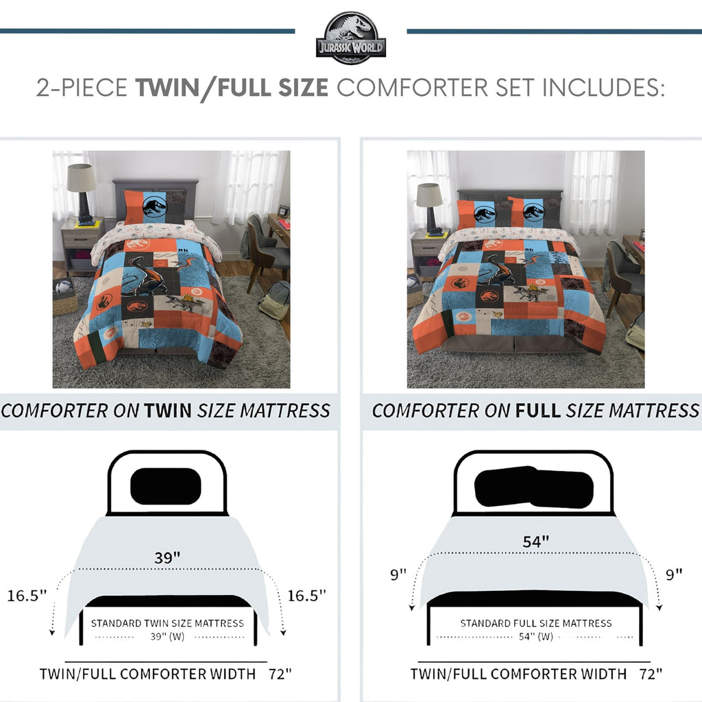 Heavyweight Warmth Kids 2 Piece Blue Orange Reversible Dinosaur Comforter and Pillowcase set, Twin/full - Hypoallergenic Ultra-Fluffy Quilt for Winter Detail