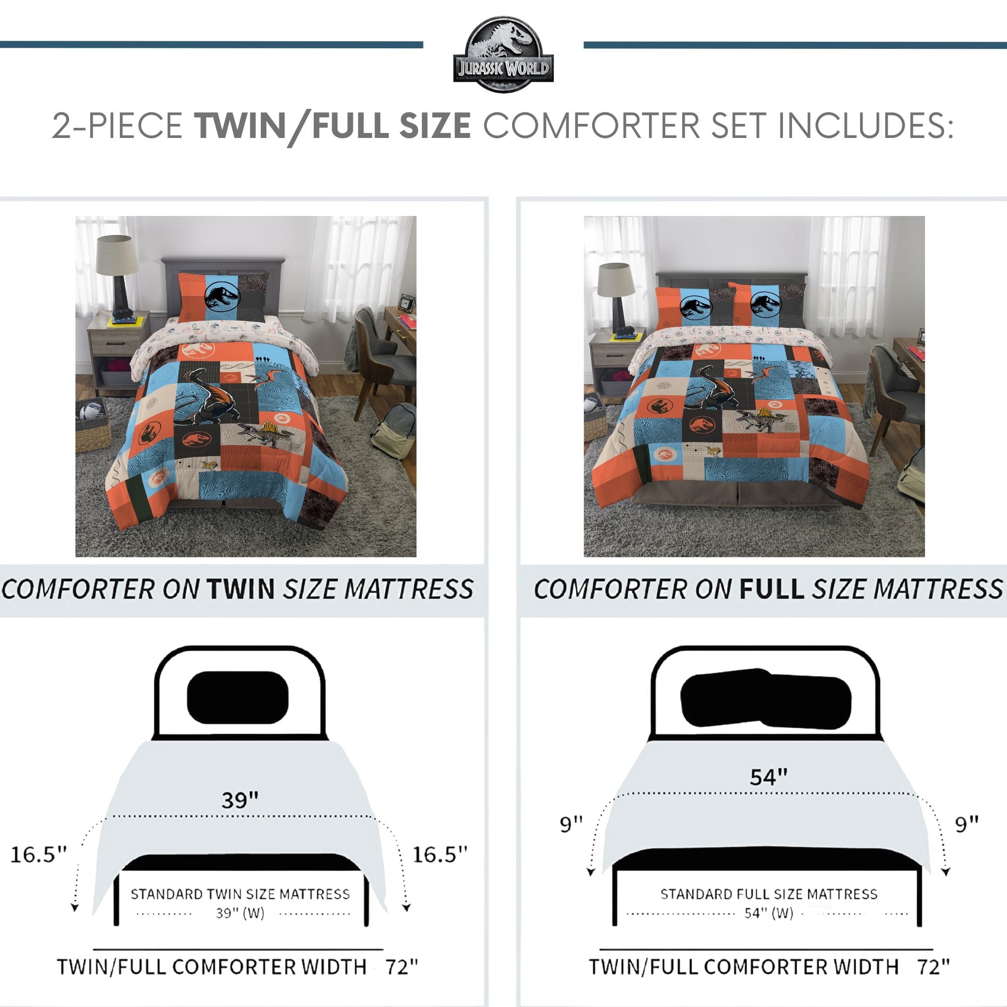 Heavyweight Warmth Kids 2 Piece Blue Orange Reversible Dinosaur Comforter and Pillowcase set, Twin/full - Hypoallergenic Ultra-Fluffy Quilt for Winter Detail