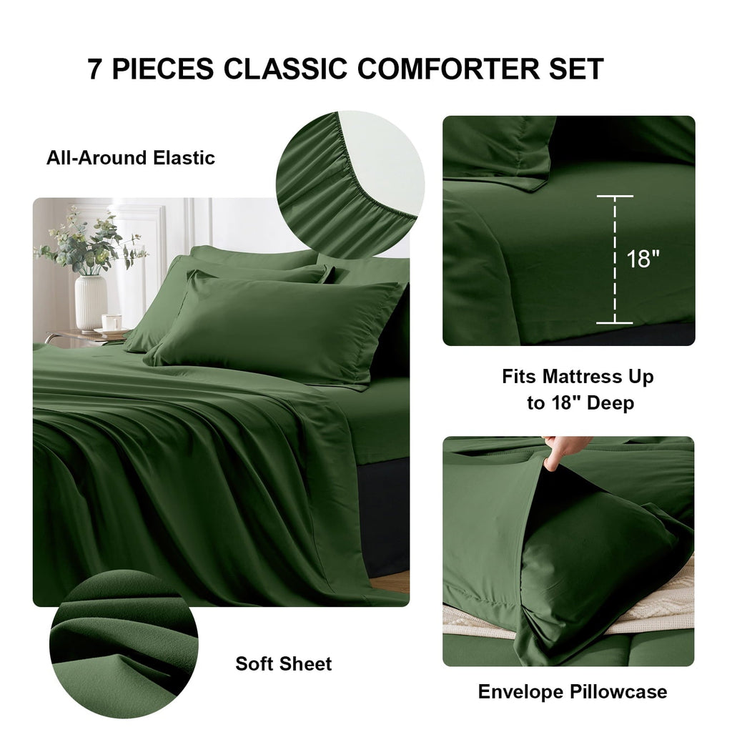 All-Season Queen Comforter Set Forest Green Bed in a Bag Queen Size 7 Pieces Soft Bed Set Lightweight Microfiber Green Bedding C... - Luxurious Quilted Duvet Cover Set Detail