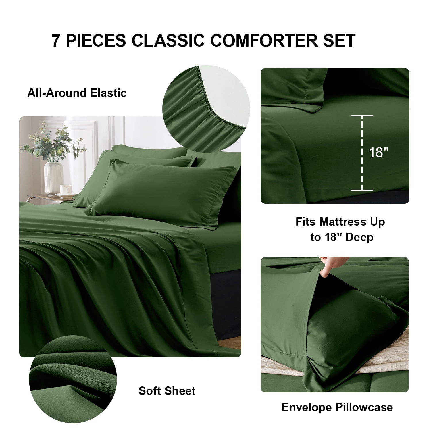 All-Season Queen Comforter Set Forest Green Bed in a Bag Queen Size 7 Pieces Soft Bed Set Lightweight Microfiber Green Bedding C... - Luxurious Quilted Duvet Cover Set Detail