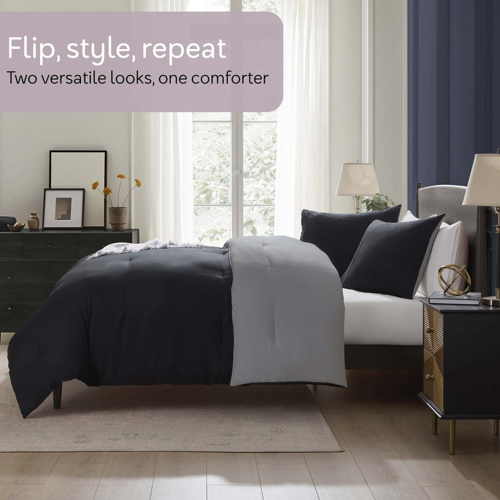 Luxurious Quilted Comforter Sets, All Season Lightweight Reversible Queen Comforter Set, 3-Pc Bedding Sets, Black/Charcoal gray - Hypoallergenic Ultra-Fluffy Quilt for Winter Detail