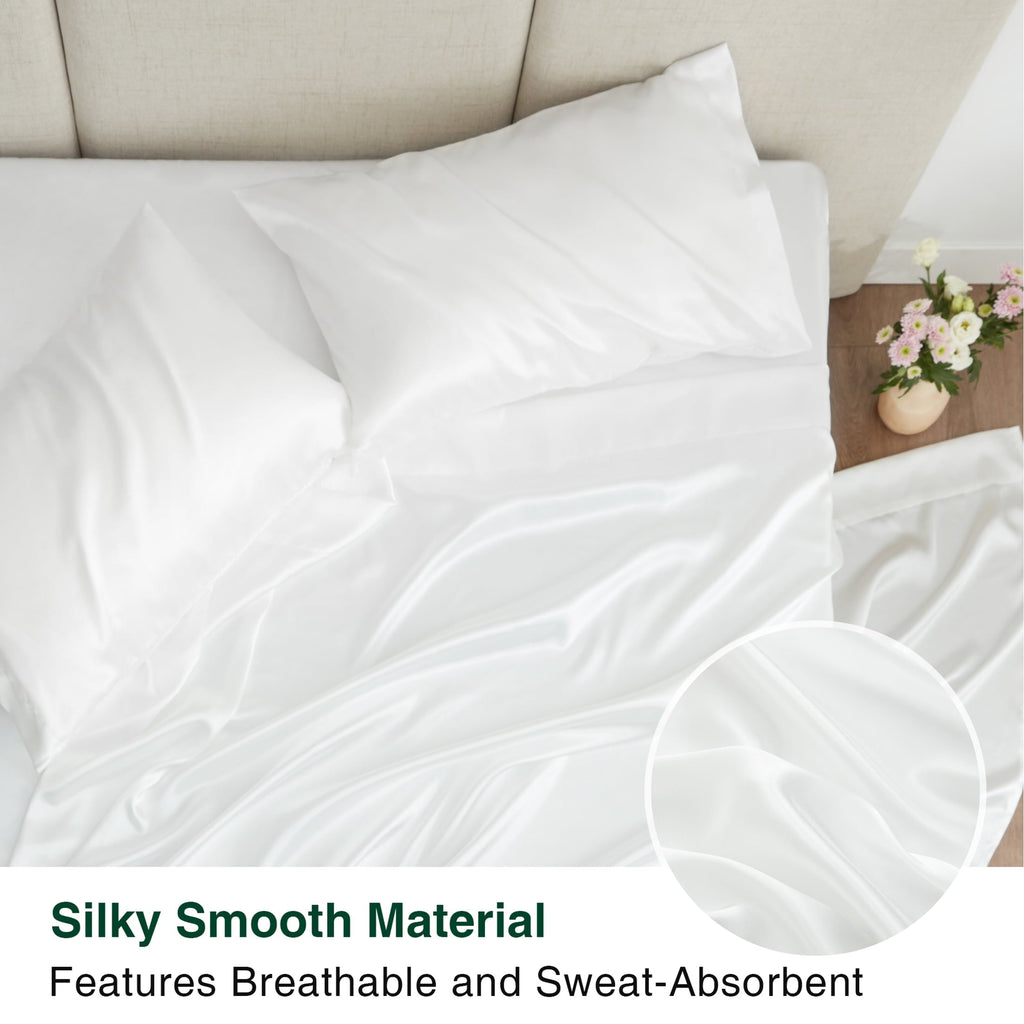 Wrinkle-Resistant Satin Sheets Full Sheet Set Deep Pocket Luxury Silky Bed Sheets for Hair and Skin 4 Pieces, White - Premium Ultra-Soft Pillowcase Pair for Sleeping Detail
