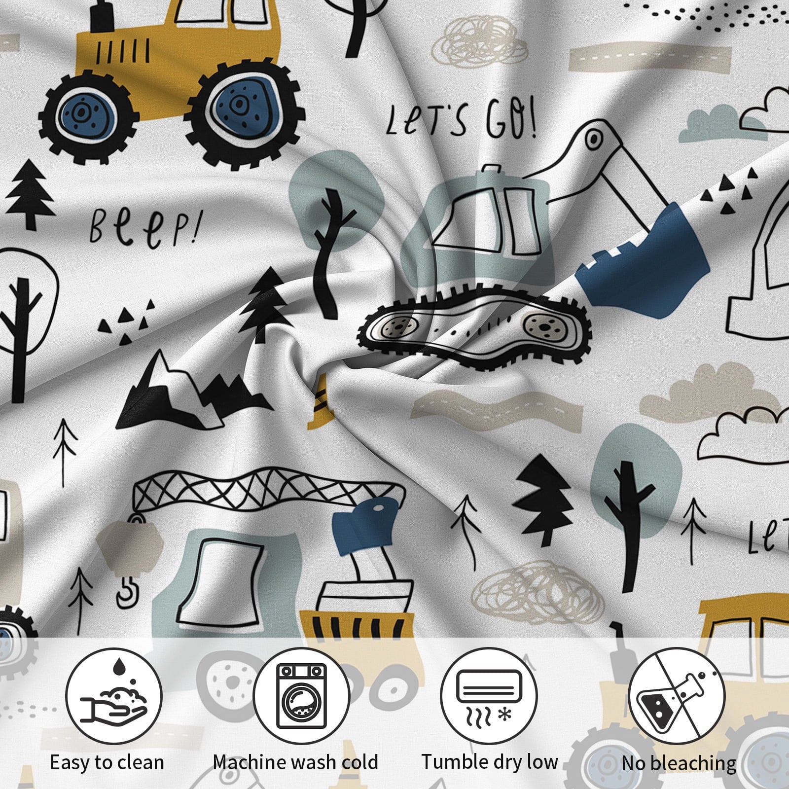 Wrinkle-Resistant Cartoon Excavator Sheet Set for Kids Boys Truck Construction Bedding Set Engineering Vehicle Bed Sheet Sets with 1 Fi... - Breathable Egyptian Cotton Flat & Fitted Sheets Detail