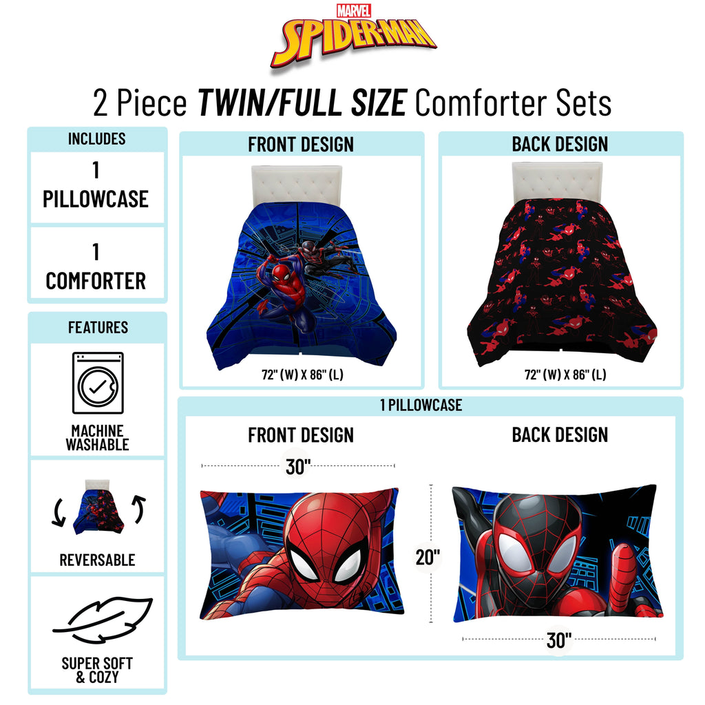 All-Season Spiderman Techno City Kids 2 Piece Blue Reversible Comforter and Pillowcase Set, Twin/Full - All-Season Down Alternative Comforter Insert Detail