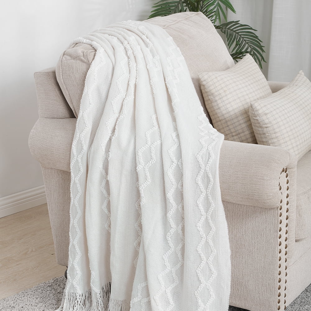 Lightweight Warm Fluffy Chenille Knitted Fringe Throw Blanket, Lightweight Soft Cozy Bed Sofa Chair Blanket, White, 50" x 60" - Luxury Knitted Decorative Throw Blanket with Fringes Detail