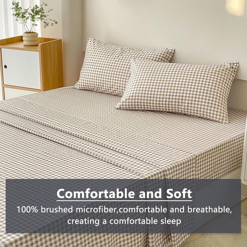 Wrinkle-Resistant Sheet Set, Soft Brushed Microfiber Taupe Plaid Sheets, 4-Piece Brown Grid Set with Deep Pocket - Premium Ultra-Soft Pillowcase Pair for Sleeping Detail