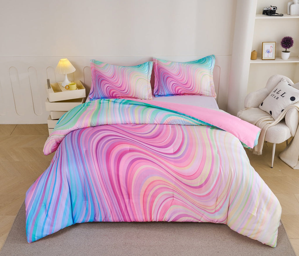 Heavyweight Warmth 3-Piece Abstract Tie Dye Comforter Set, Blue Pink Purple, Kids Bedding Set for Girls Full/Queen Size - Cloud-Like Soft Lightweight Bed Comforter Detail
