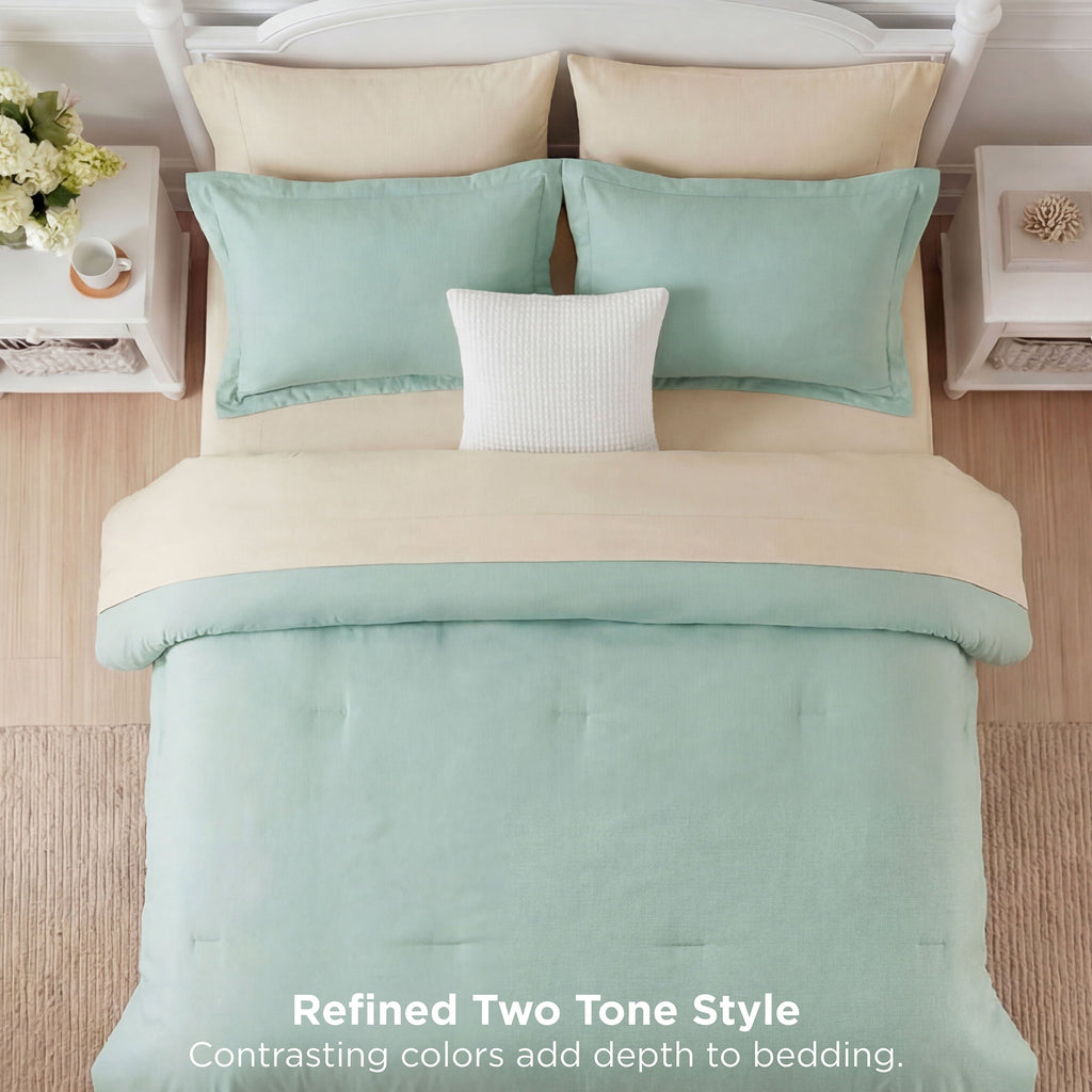 All-Season Queen Comforter Set Sage Green, 7 Pieces Lightweight Queen Bedding Sets, Contrasting Design - All-Season Down Alternative Comforter Insert Detail