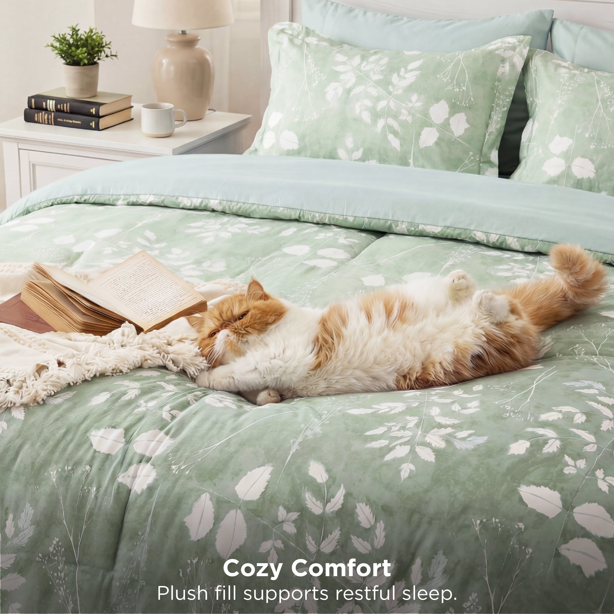 Hypoallergenic Cloud Queen Comforter Set Sage Green, Bed in a Bag Queen Size Bedding, 7-Pieces Botanical Flowers Spring Comforter, Sheets,... - Luxurious Quilted Duvet Cover Set Detail
