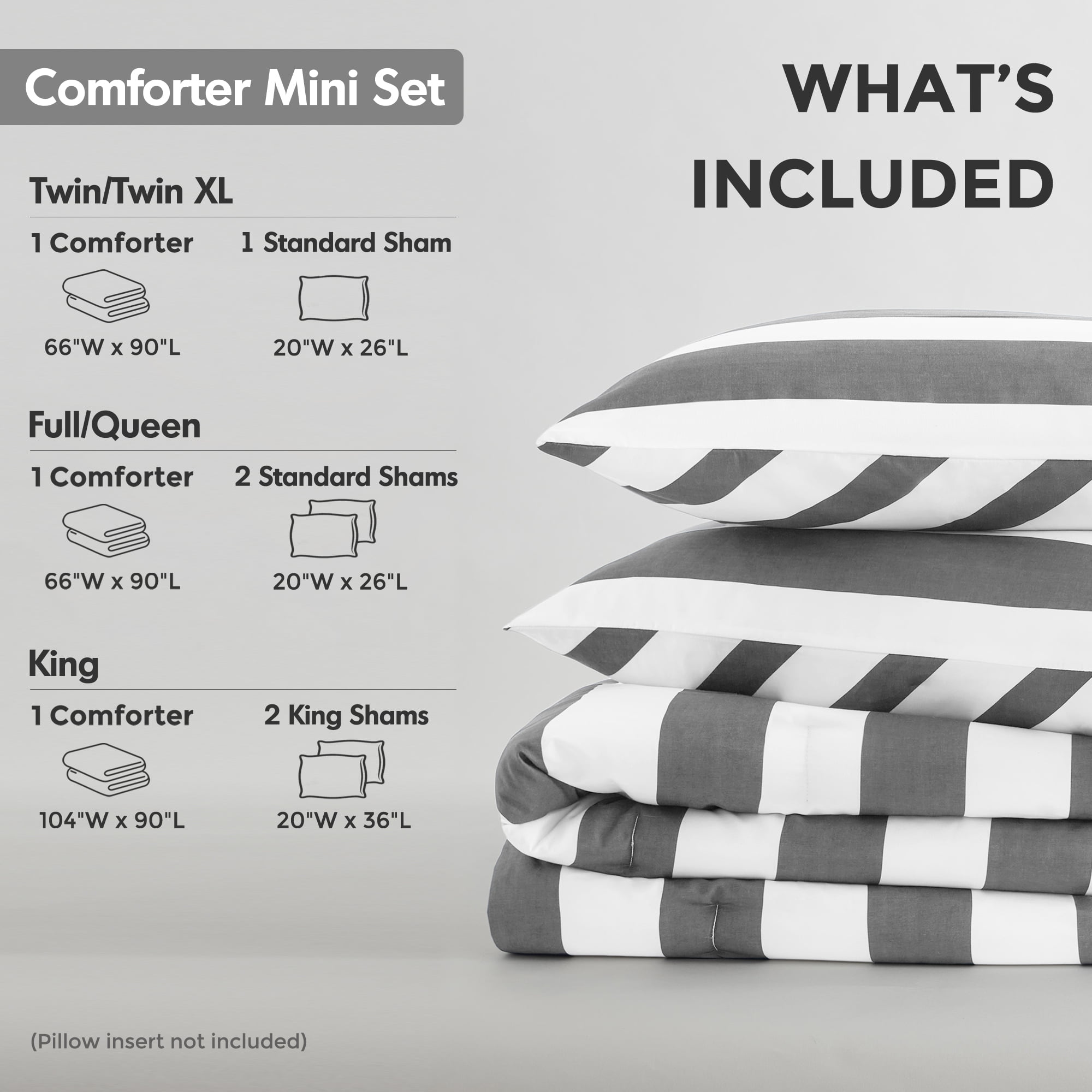 Fluffy Down Alternative Full/Queen Size Comforter Sets, 3-Piece Bedding Set Full/Queen, Reversible Striped Comforter Bed Set, Charcoal - Luxurious Quilted Duvet Cover Set Detail