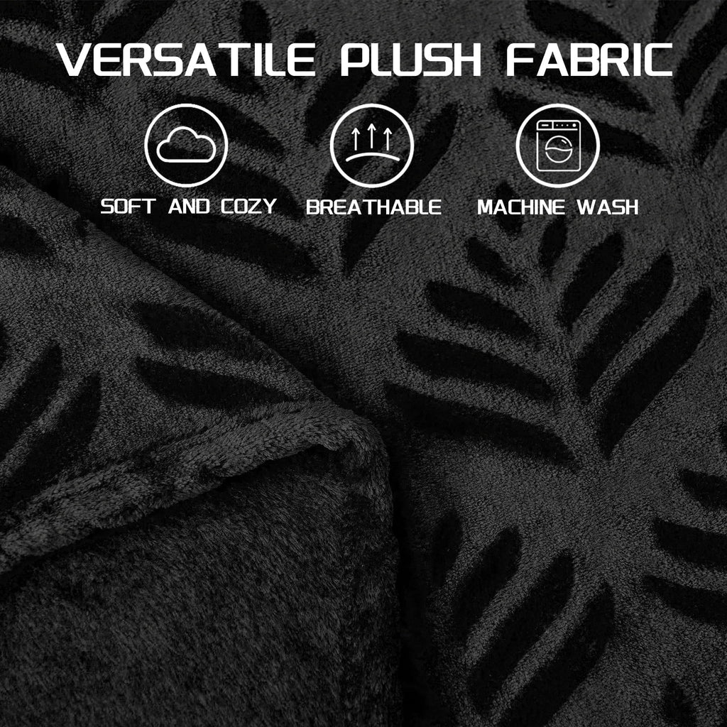 Reversible Sherpa Fleece Throw Blanket for Couch, Leaves Pattern Super Soft and Cozy Blankets, Plush Fuzzy Lightweight, Black, 50"x60" - Luxury Knitted Decorative Throw Blanket with Fringes Detail