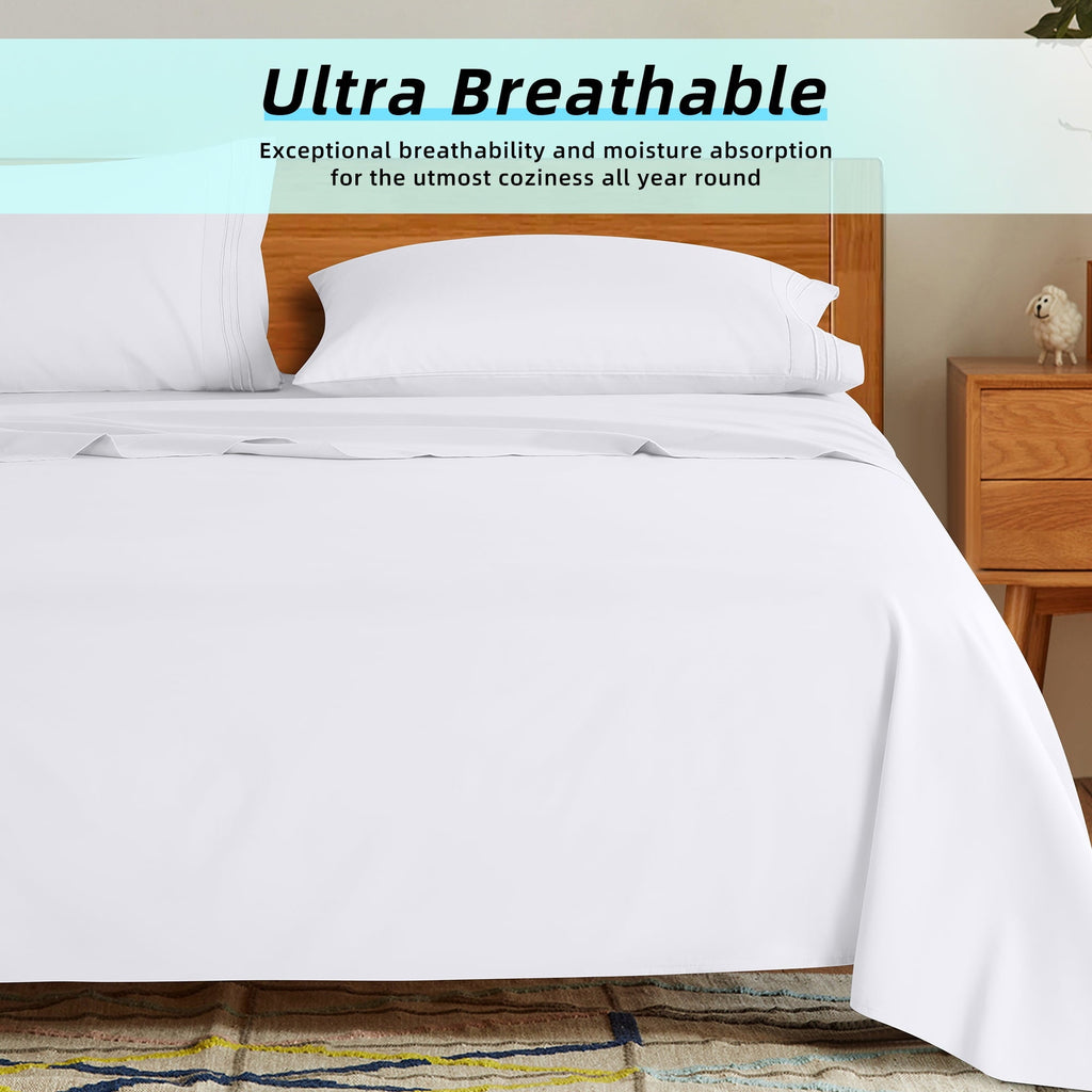 Breathable Luxury Bed Sheets Set, Microfiber Deep Pocket 4 Pieces Luxury Soft Sheet Set, Queen, White - Breathable Egyptian Cotton Flat & Fitted Sheets Detail