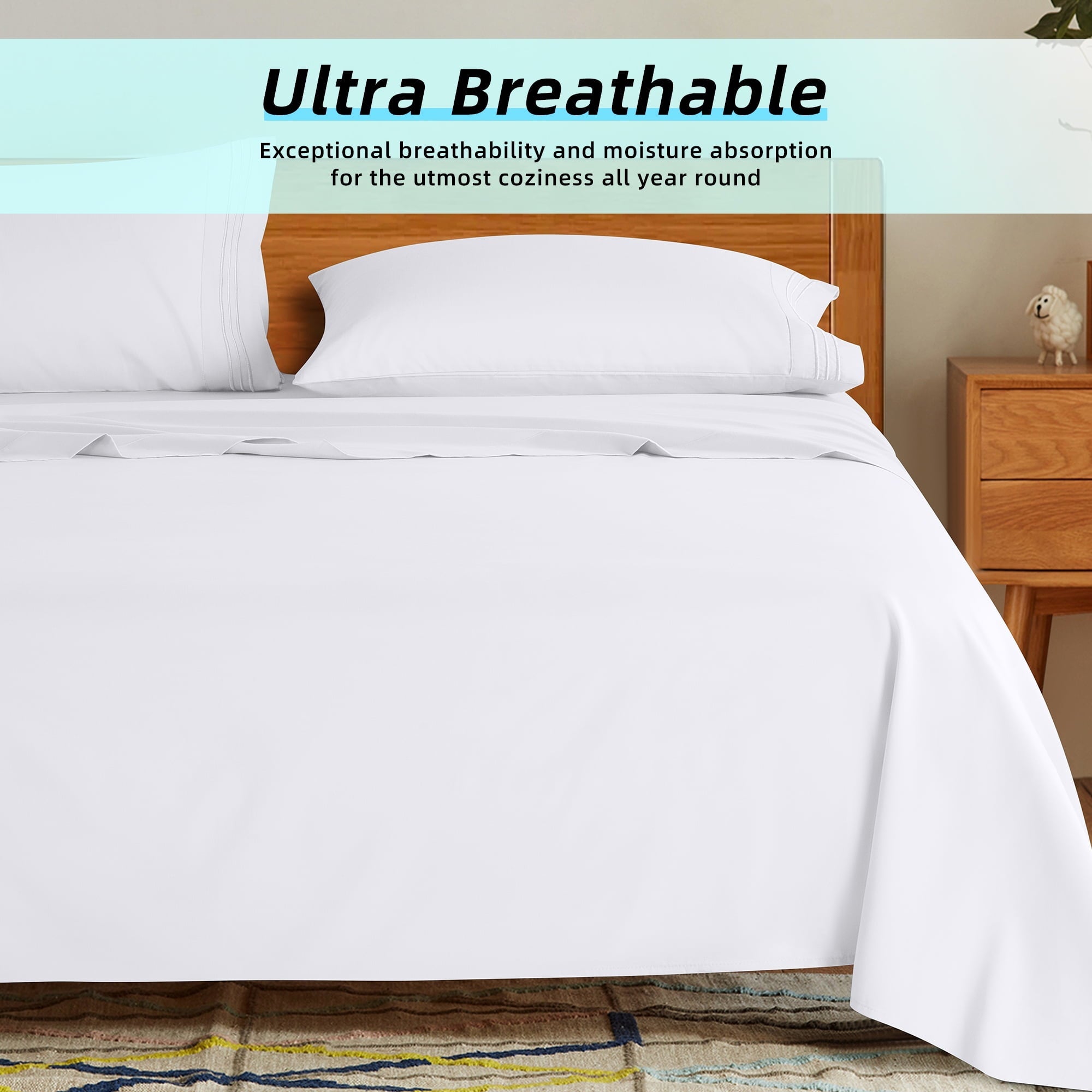 Breathable Luxury Bed Sheets Set, Microfiber Deep Pocket 4 Pieces Luxury Soft Sheet Set, Queen, White - Breathable Egyptian Cotton Flat & Fitted Sheets Detail