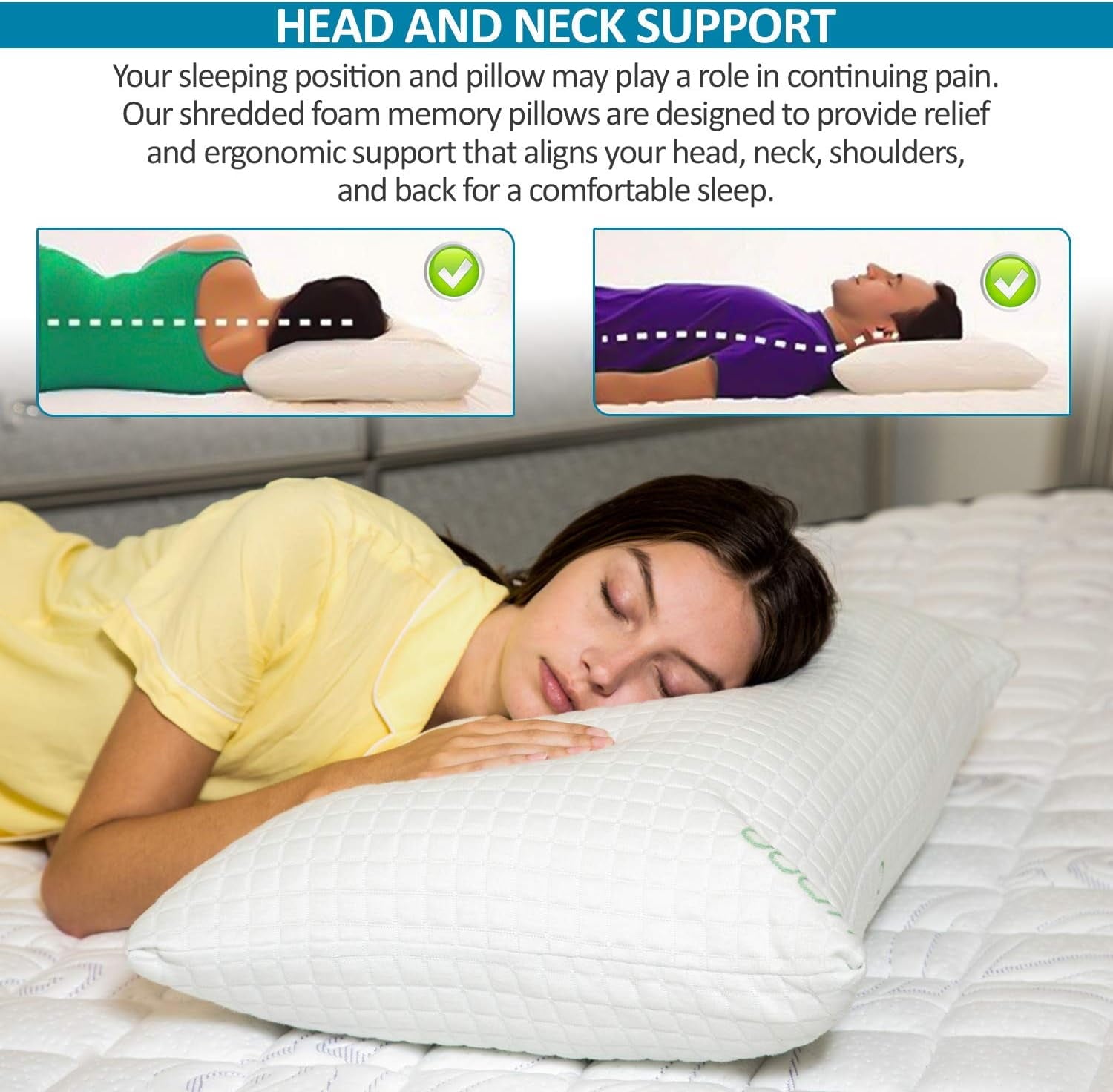 Orthopedic Support Queen Size Bamboo Pillow, Memory Foam Bed Pillows with Washable Pillowcases, Queen - Hotel Quality Plush Sleeping Pillows Detail
