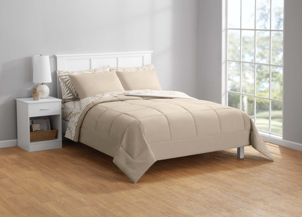 Luxurious Quilted All in One Reversible Comforter and Sheet Set- 7 Piece, Queen, Beige Palm - Luxurious Quilted Duvet Cover Set Detail