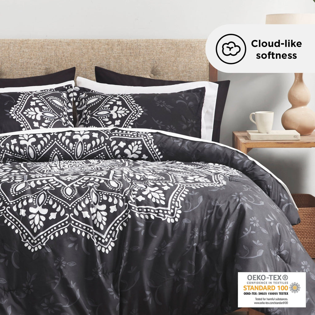 Luxurious Quilted Queen Comforter Set, Bedding Comforter Set Queen Size W/ Side Pockets, Black, 9 Pieces - Luxurious Quilted Duvet Cover Set Detail