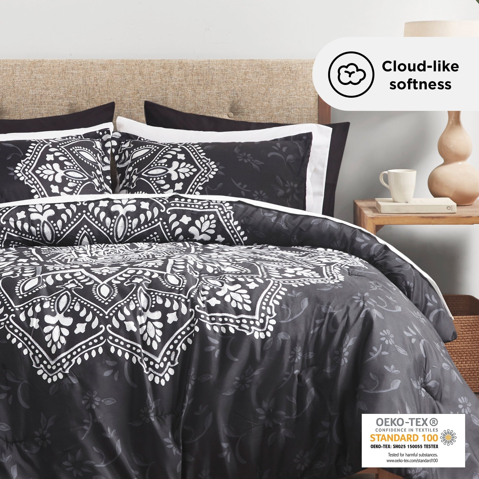 Luxurious Quilted Queen Comforter Set, Bedding Comforter Set Queen Size W/ Side Pockets, Black, 9 Pieces - Luxurious Quilted Duvet Cover Set Detail
