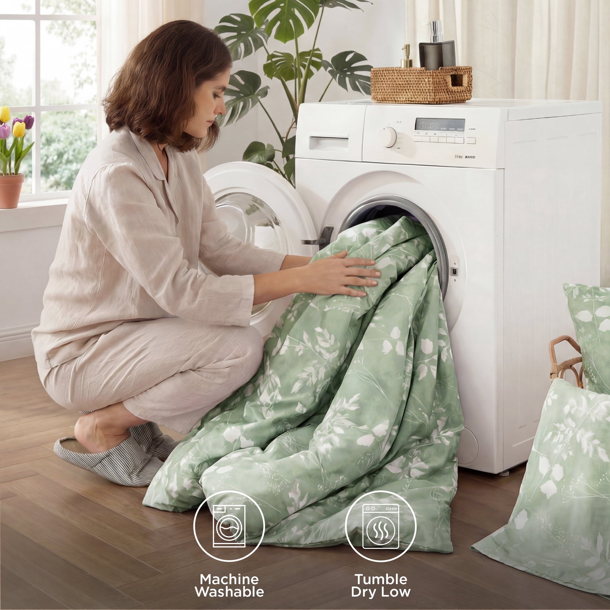Hypoallergenic Cloud Queen Comforter Set Sage Green, Bed in a Bag Queen Size Bedding, 7-Pieces Botanical Flowers Spring Comforter, Sheets,... - Luxurious Quilted Duvet Cover Set Detail