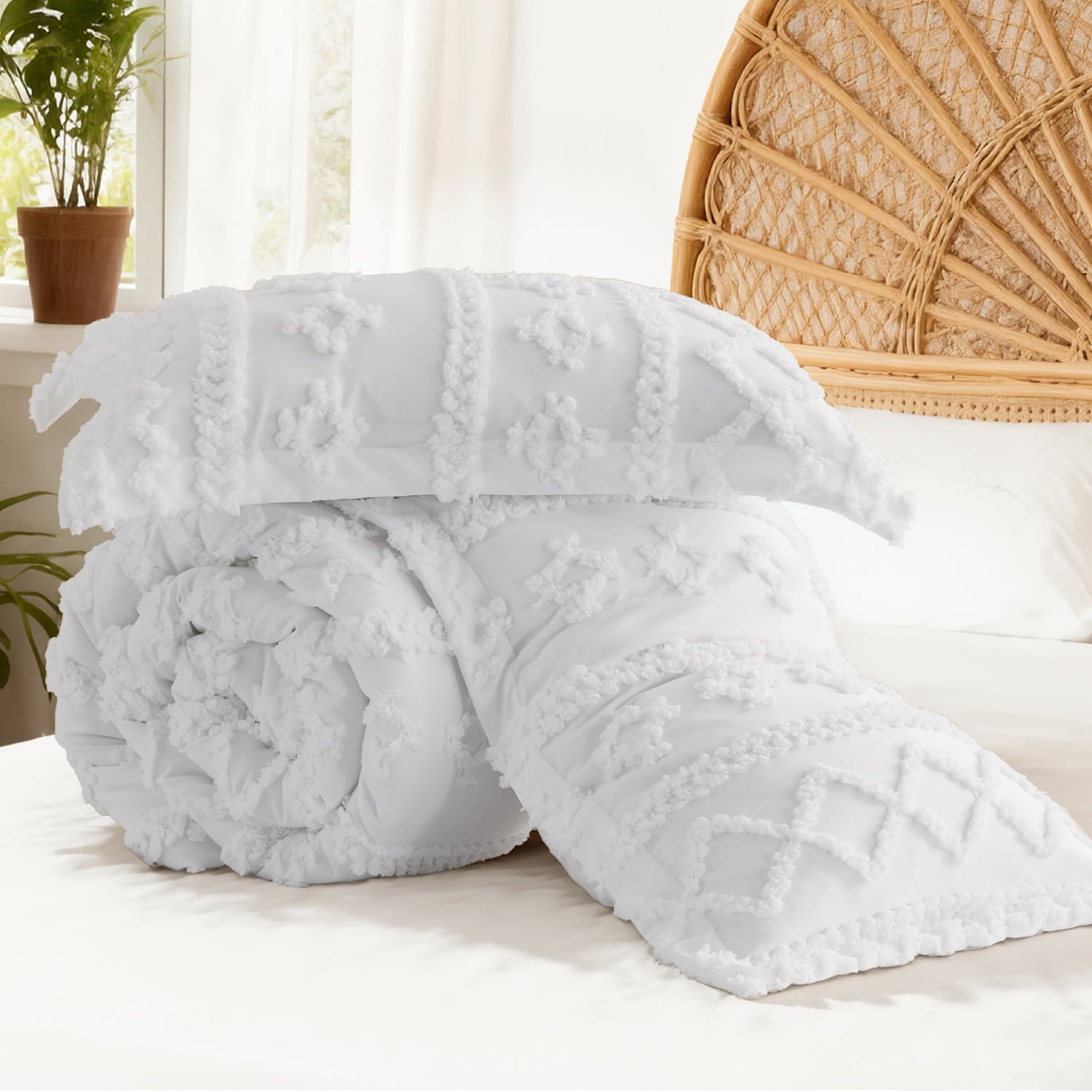 Luxurious Quilted Tufted Boho Comforter Set, 2 Pieces Farmhouse Shabby Chic Embroidery Bed Set, Soft Jacquard Comforter for All Seasons... - Cloud-Like Soft Lightweight Bed Comforter Detail