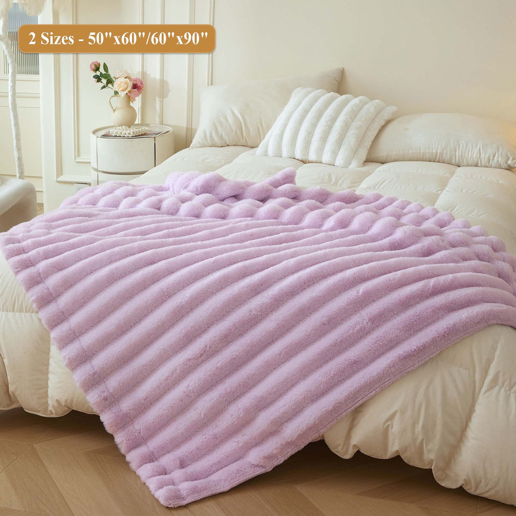 Reversible Sherpa Fluffy Faux Rabbit Fur Throw, Cozy Wide Stripe Plush Fuzzy Blanket for Bed Couch Sofa Chair, Light Purple Shaggy Thro... - Lightweight Plush Warm Blanket for All Seasons Detail