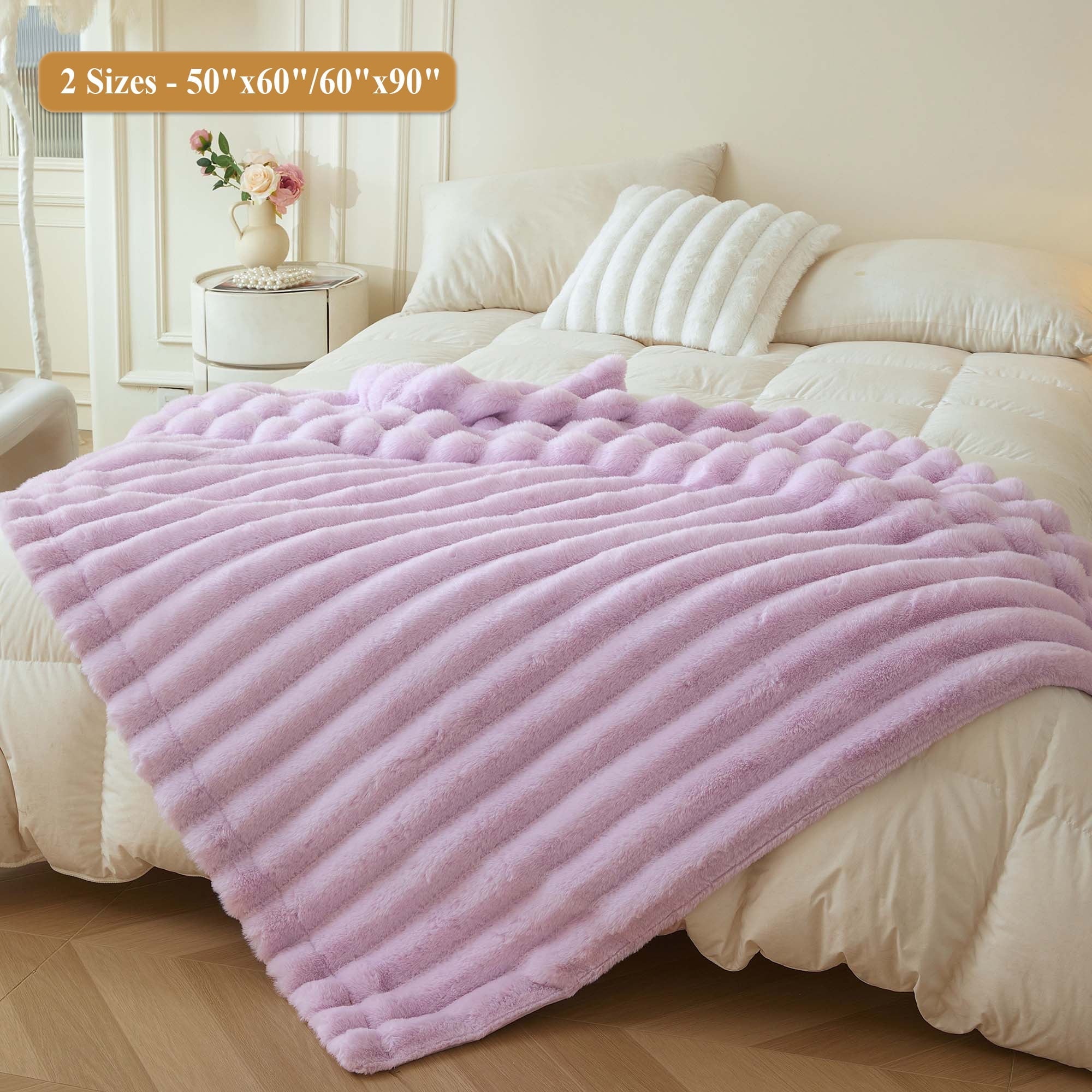 Reversible Sherpa Fluffy Faux Rabbit Fur Throw, Cozy Wide Stripe Plush Fuzzy Blanket for Bed Couch Sofa Chair, Light Purple Shaggy Thro... - Lightweight Plush Warm Blanket for All Seasons Detail