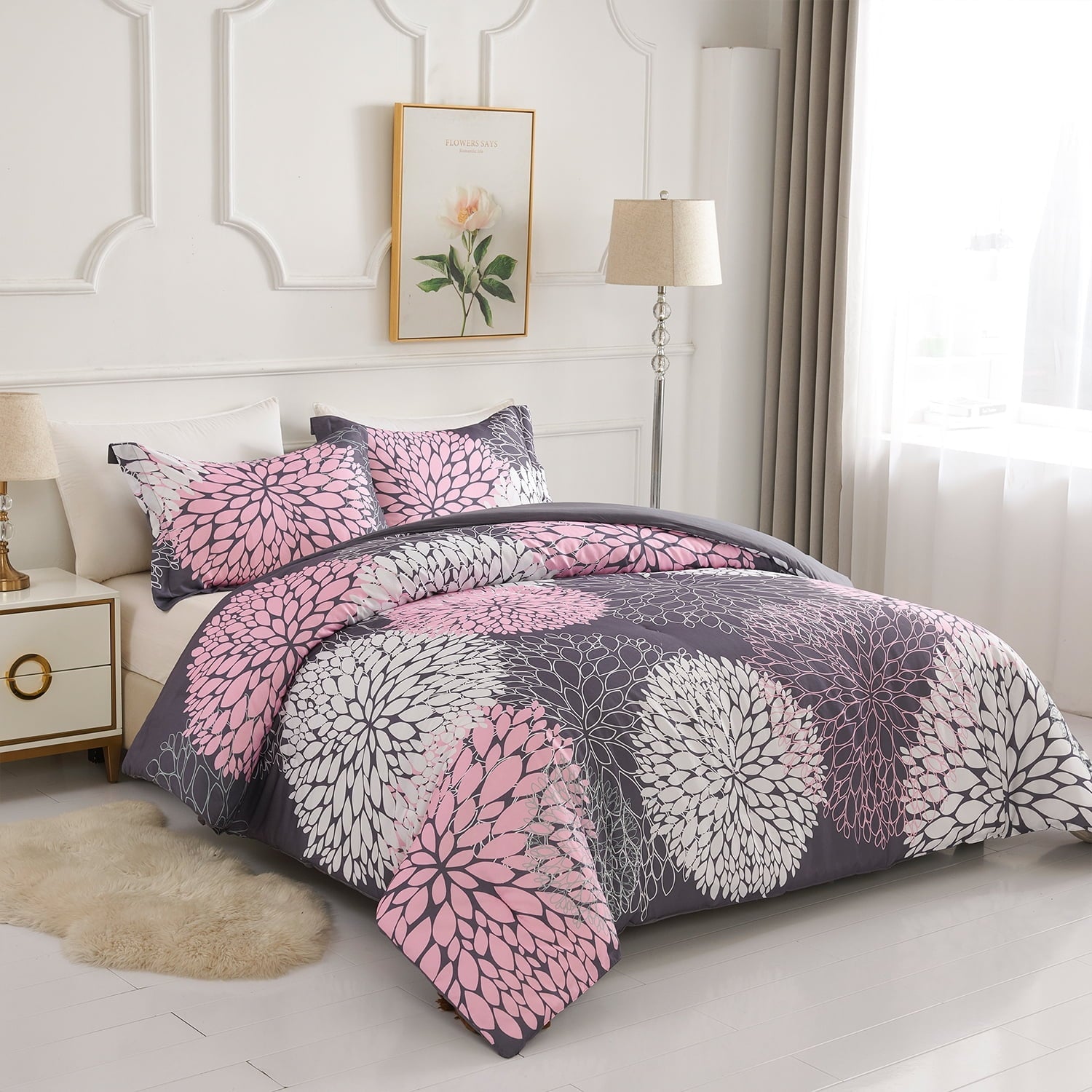 Fluffy Down Alternative 2 Pieces Pink Floral Comforter Set Twin Size, Botanical Bedding Sets with Cute Flowers Printing for Teen Girls - Hypoallergenic Ultra-Fluffy Quilt for Winter Detail