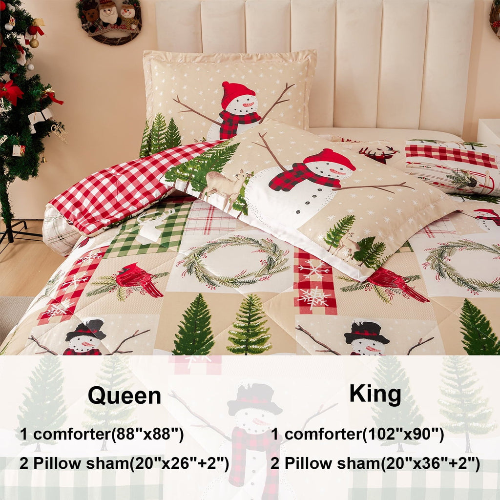 All-Season 3 Pcs Christmas Comforter Set, Bed in a Bag Wreath Snowman Queen/Full Size Xmas Bedding Set Fitted Pillowcases for Adult - Luxurious Quilted Duvet Cover Set Detail