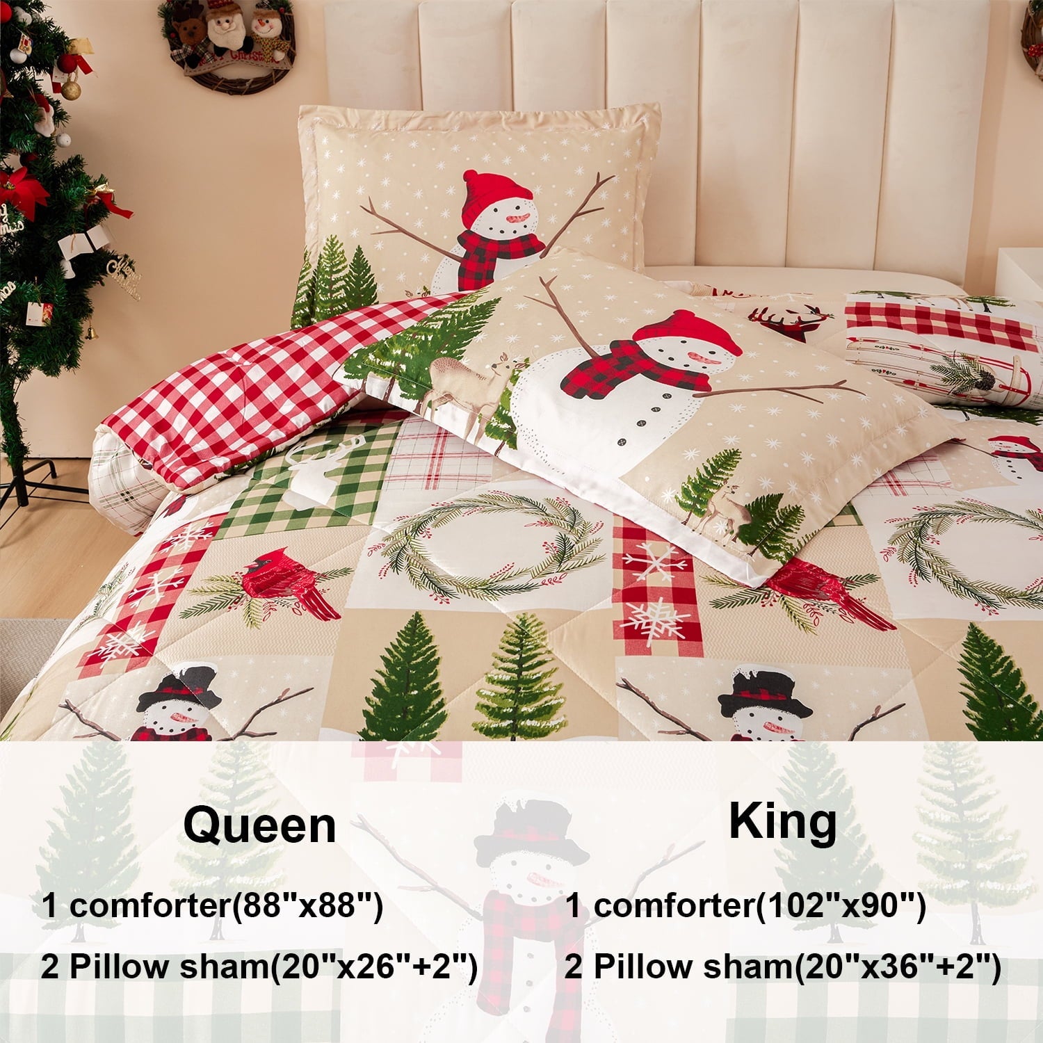 All-Season 3 Pcs Christmas Comforter Set, Bed in a Bag Wreath Snowman Queen/Full Size Xmas Bedding Set Fitted Pillowcases for Adult - Luxurious Quilted Duvet Cover Set Detail
