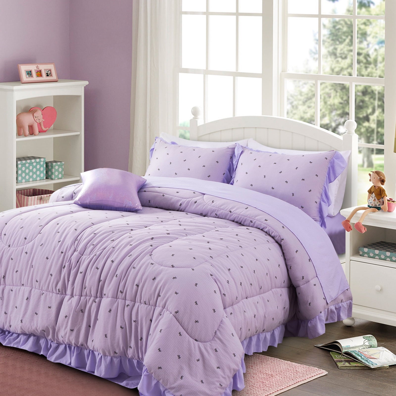 Heavyweight Warmth 6 Piece Delicate Bows Purple Bedding Set Ruffle Princess Style Comforter Set Bed in a Bag - Cloud-Like Soft Lightweight Bed Comforter Detail